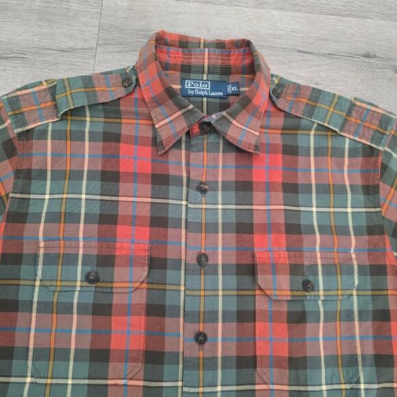 VTG Polo Ralph Lauren Plaid Shirt XL Safari Workwear Epaulets Utility Pockets - Picture 2 of 7